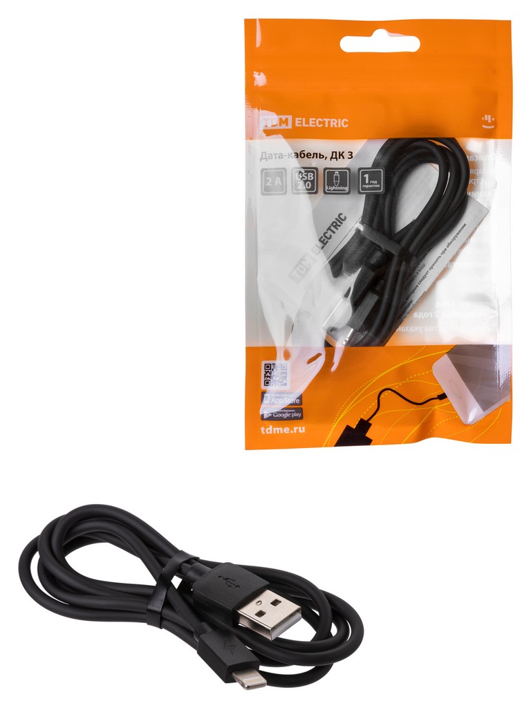 Дата-кабель, ДК 3, USB - Lightning, 1 м, черный, TDM