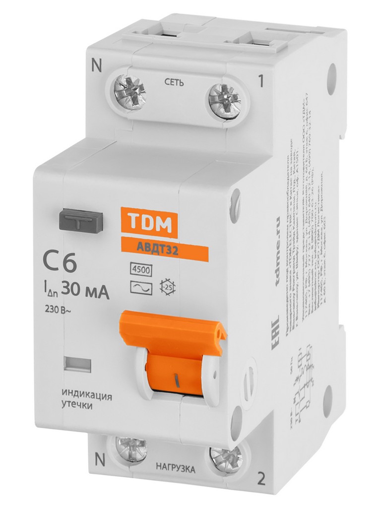 АВДТ 32 2P(1P+N) C6А 30мА 4,5кА тип АС TDM
