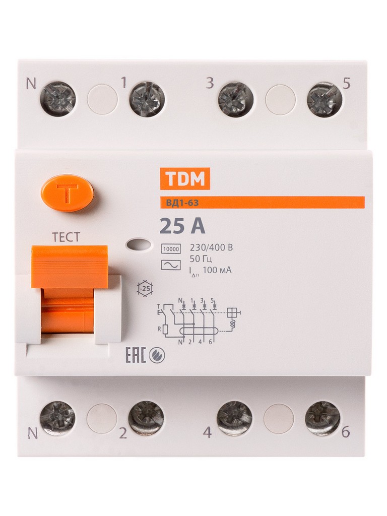 УЗО ВД1-63 4Р 25А 100мА TDM