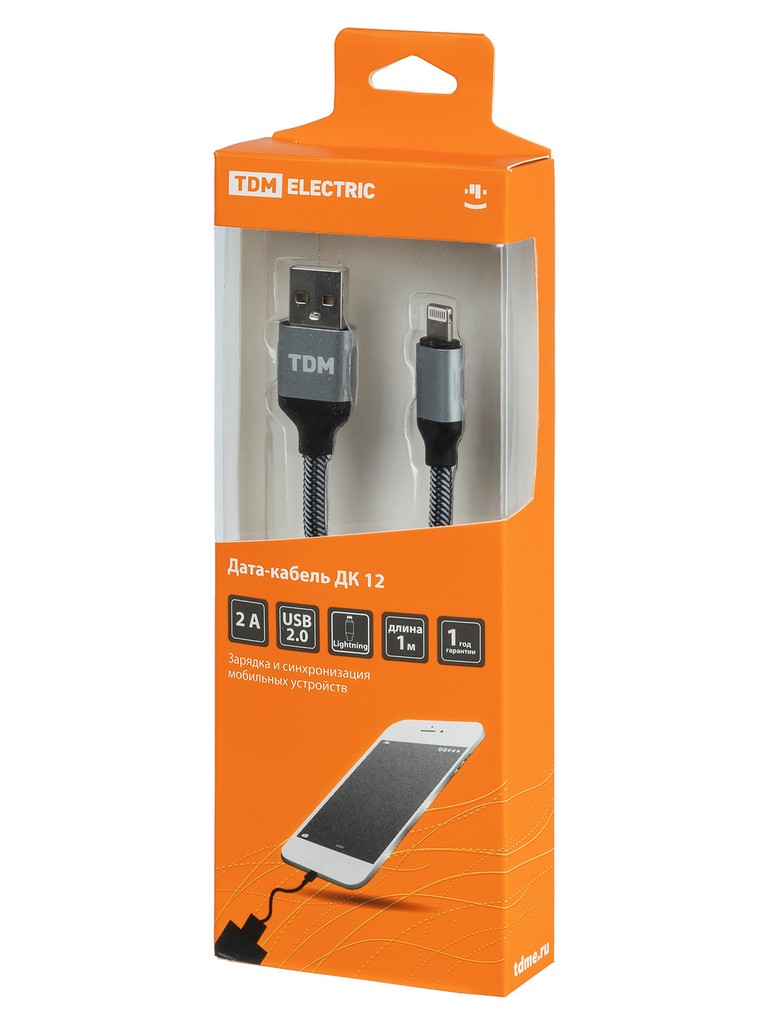 Дата-кабель, ДК 12, USB - Lightning, 1 м, тканевая оплетка, серый, TDM